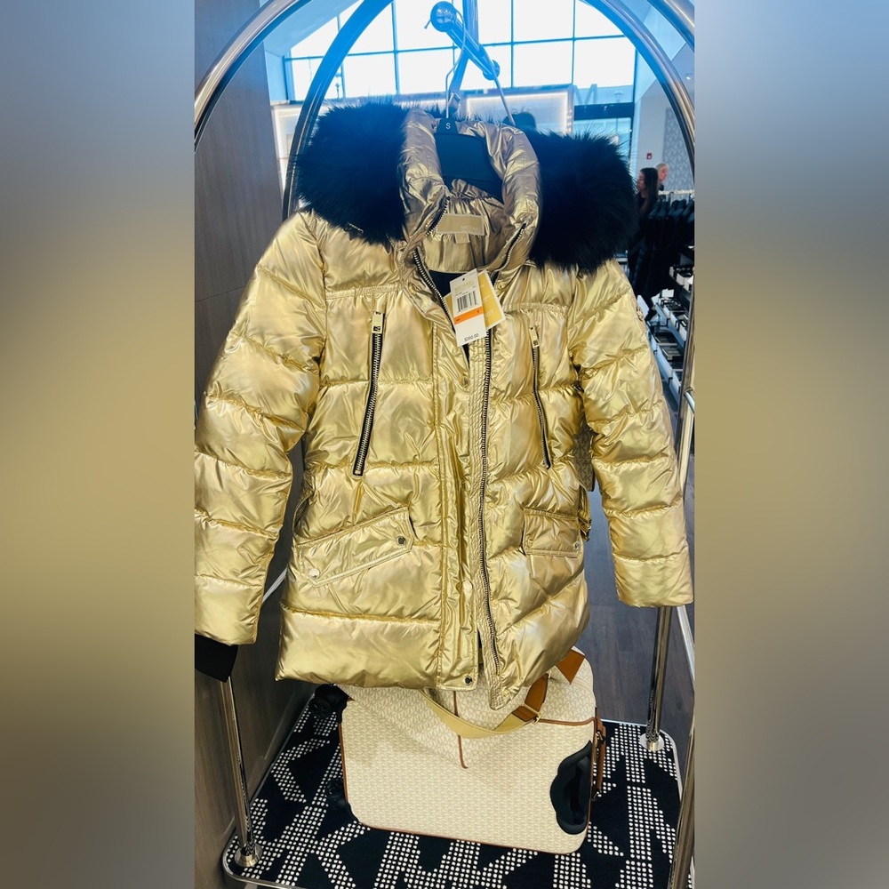 MICHAEL KORS Belted Metallic Gold Puffer Jacket, size S (more pictures added)